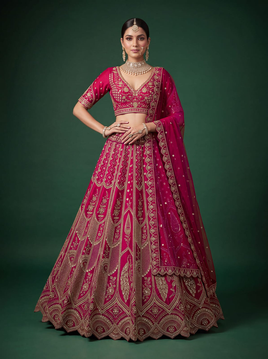 Rani Pure Silk Tatamie Zari Dori Embroidery Metalic Sequins Hand Work Bridal Lehenga Choli