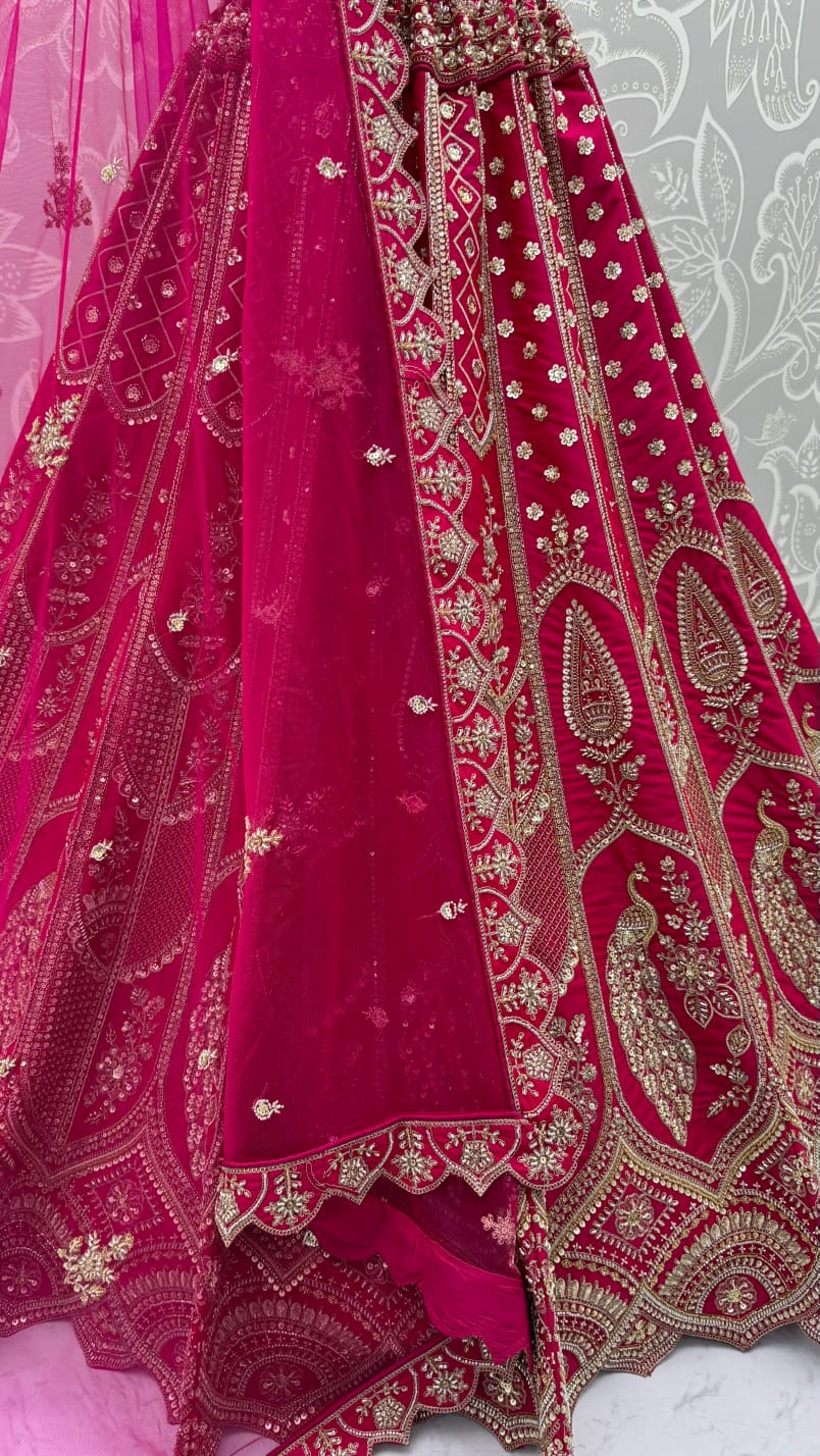Rani Pure Silk Tatamie Zari Dori Embroidery Metalic Sequins Hand Work Bridal Lehenga Choli