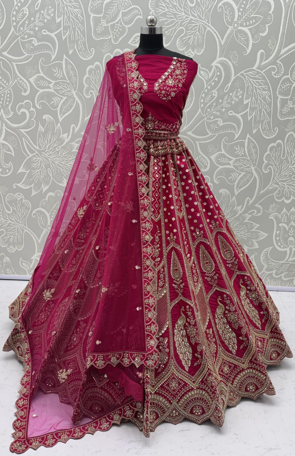 Rani Pure Silk Tatamie Zari Dori Embroidery Metalic Sequins Hand Work Bridal Lehenga Choli