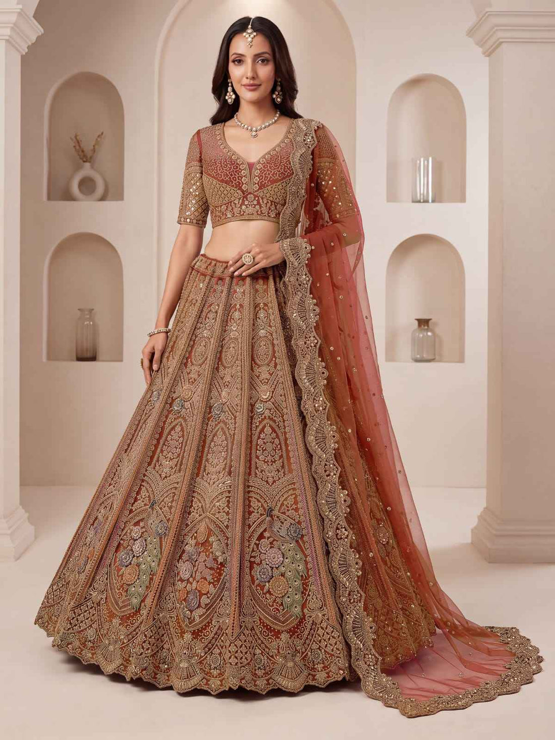 Peach Pure Heavy Net Peacock Pattern Multi Thread Sequins Work Net Bridal Lehenga Choli