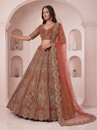 Peach Pure Heavy Net Peacock Pattern Multi Thread Sequins Work Net Bridal Lehenga Choli