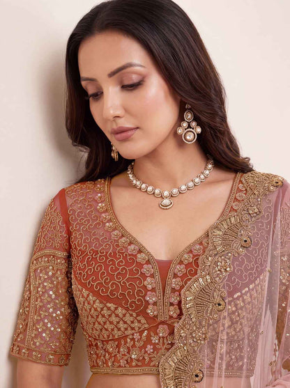 Peach Pure Heavy Net Peacock Pattern Multi Thread Sequins Work Net Bridal Lehenga Choli