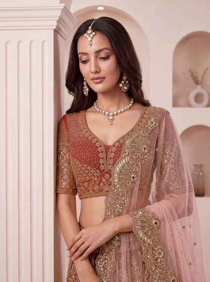 Peach Pure Heavy Net Peacock Pattern Multi Thread Sequins Work Net Bridal Lehenga Choli