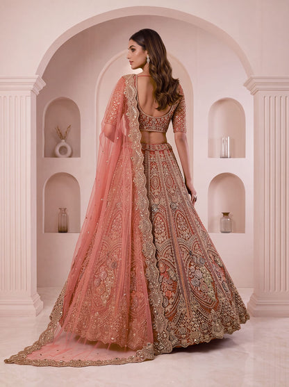 Peach Pure Heavy Net Peacock Pattern Multi Thread Sequins Work Net Bridal Lehenga Choli