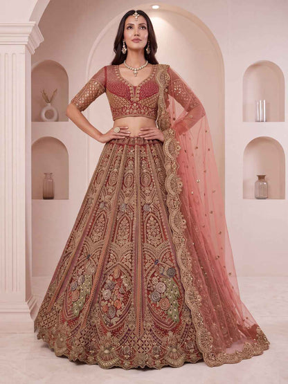 Peach Pure Heavy Net Peacock Pattern Multi Thread Sequins Work Net Bridal Lehenga Choli
