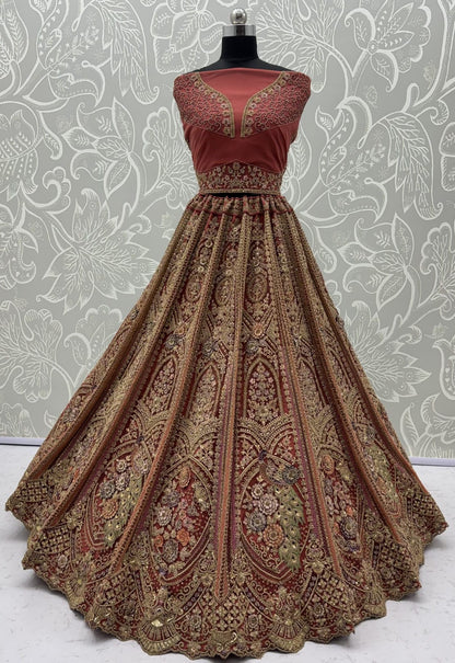 Peach Pure Heavy Net Peacock Pattern Multi Thread Sequins Work Net Bridal Lehenga Choli