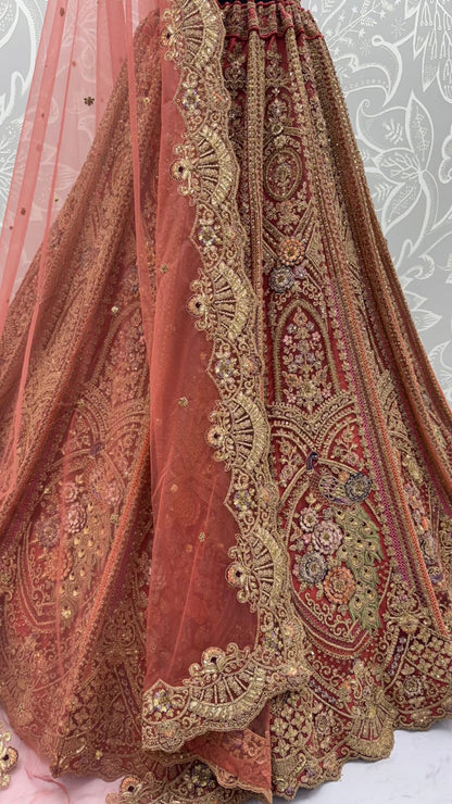 Peach Pure Heavy Net Peacock Pattern Multi Thread Sequins Work Net Bridal Lehenga Choli