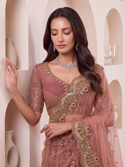 Pink Pure Heavy Net Peacock Pattern Multi Thread Sequins Work Net Bridal Lehenga Choli