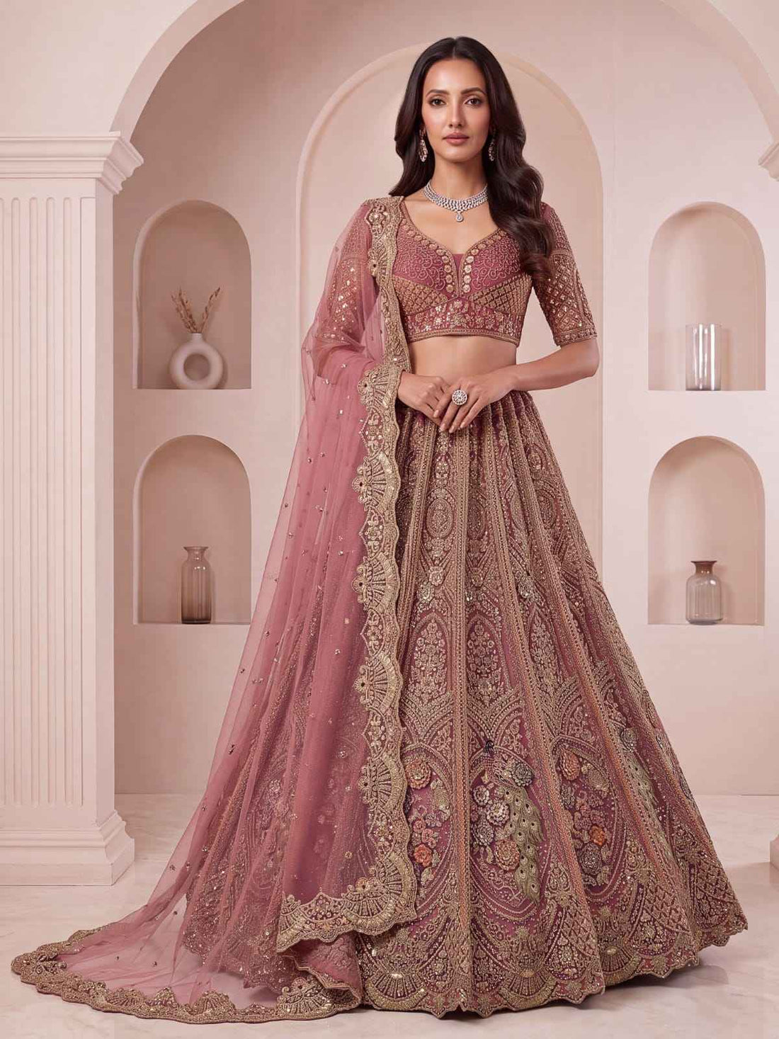 Pink Pure Heavy Net Peacock Pattern Multi Thread Sequins Work Net Bridal Lehenga Choli
