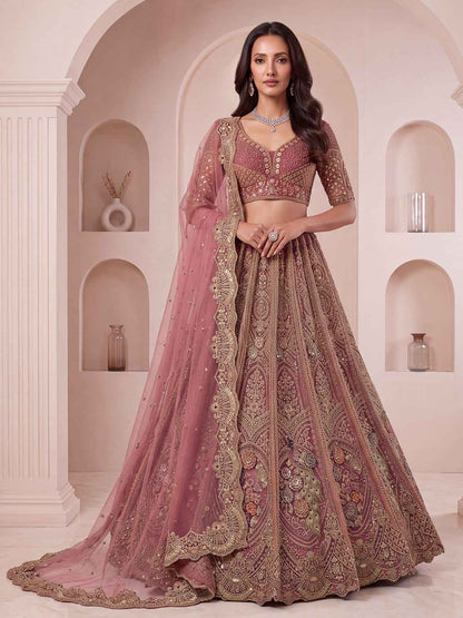 Pink Pure Heavy Net Peacock Pattern Multi Thread Sequins Work Net Bridal Lehenga Choli