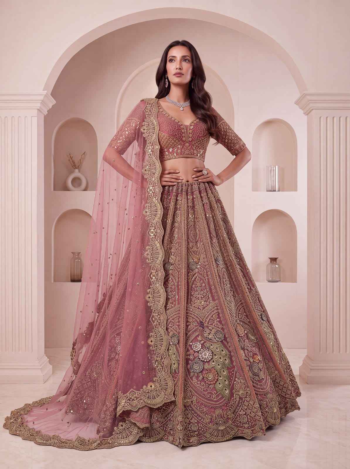 Pink Pure Heavy Net Peacock Pattern Multi Thread Sequins Work Net Bridal Lehenga Choli