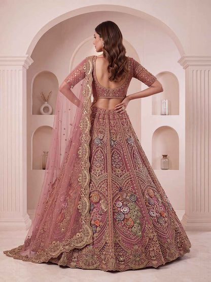Pink Pure Heavy Net Peacock Pattern Multi Thread Sequins Work Net Bridal Lehenga Choli