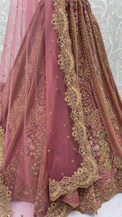 Pink Pure Heavy Net Peacock Pattern Multi Thread Sequins Work Net Bridal Lehenga Choli