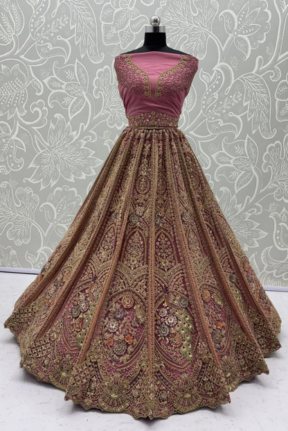 Pink Pure Heavy Net Peacock Pattern Multi Thread Sequins Work Net Bridal Lehenga Choli