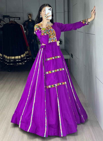 Purple Pure Reyon Cotton Gamthi and Real Mirror Work Navratri Lehenga Choli