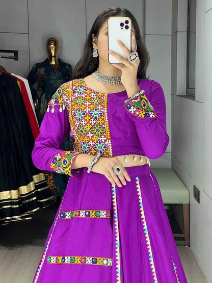 Purple Pure Reyon Cotton Gamthi and Real Mirror Work Navratri Lehenga Choli