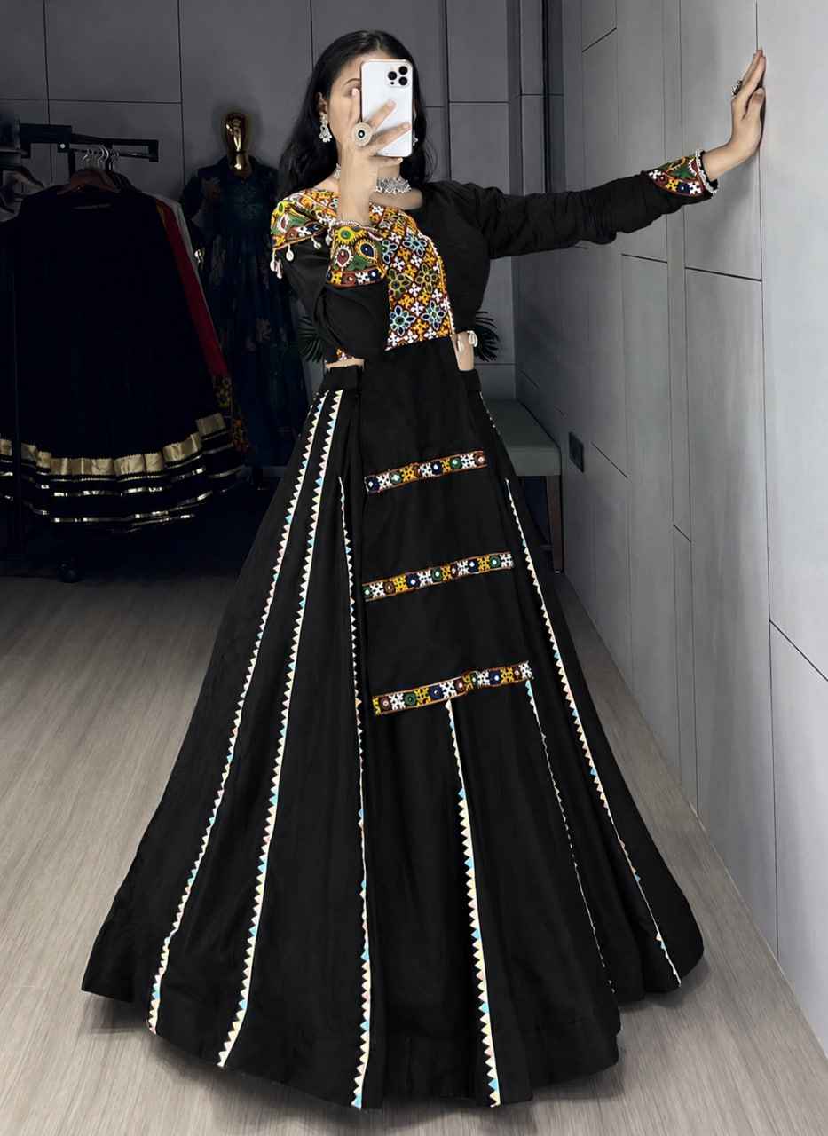 Black Pure Reyon Cotton Gamthi and Real Mirror Work Navratri Lehenga Choli