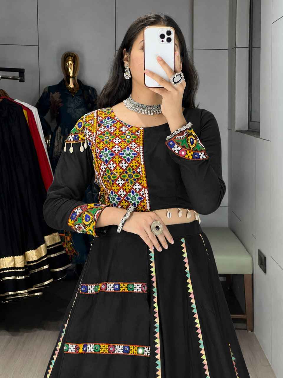 Black Pure Reyon Cotton Gamthi and Real Mirror Work Navratri Lehenga Choli