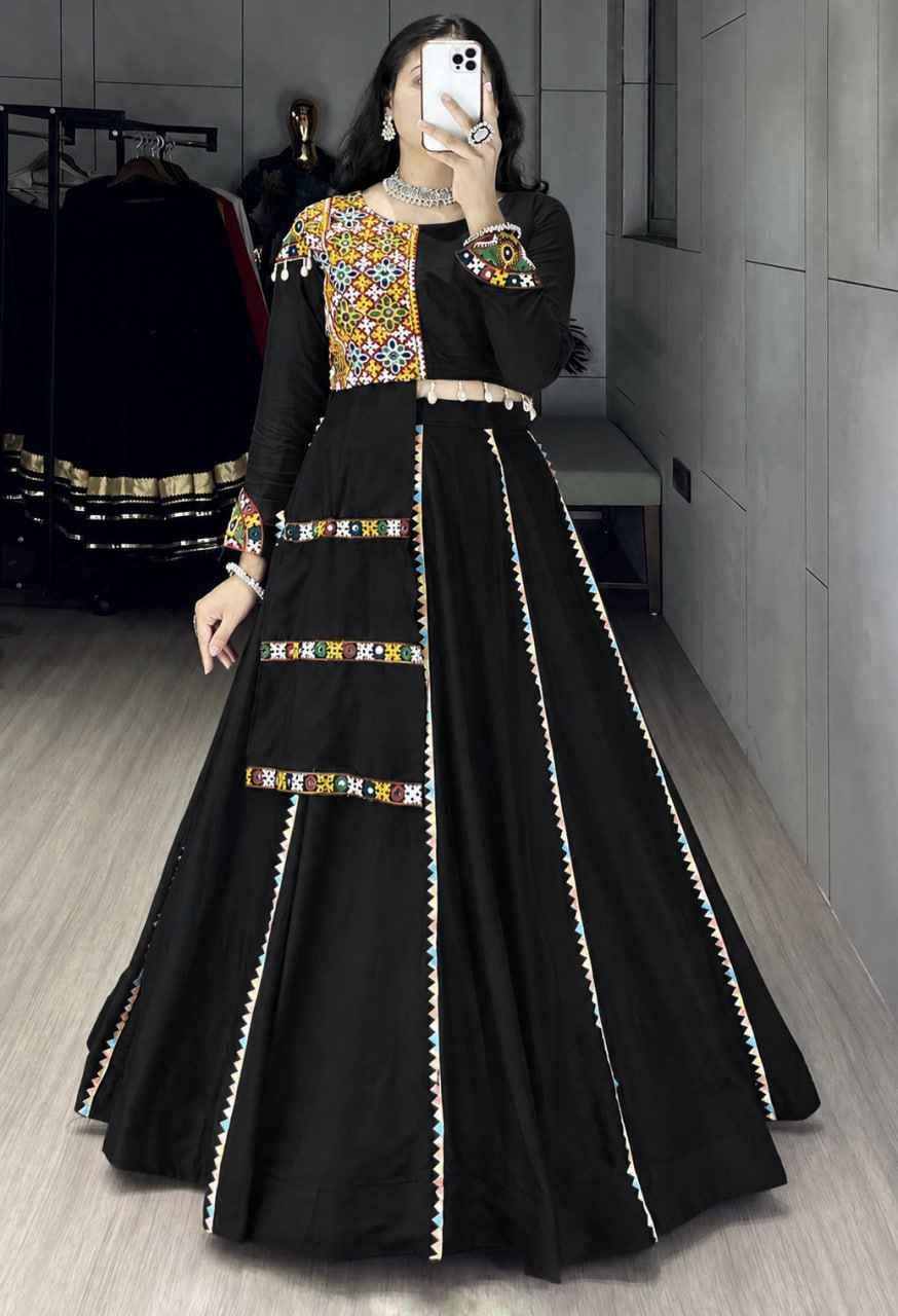 Black Pure Reyon Cotton Gamthi and Real Mirror Work Navratri Lehenga Choli