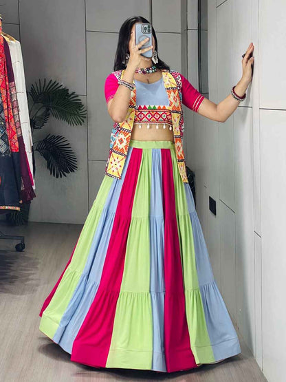 Multi Pure Reyon Cotton Multi Color Kali Frilled Navratri Lehenga Choli