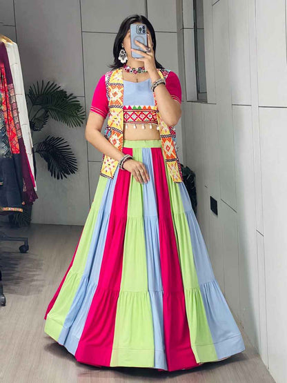 Multi Pure Reyon Cotton Multi Color Kali Frilled Navratri Lehenga Choli