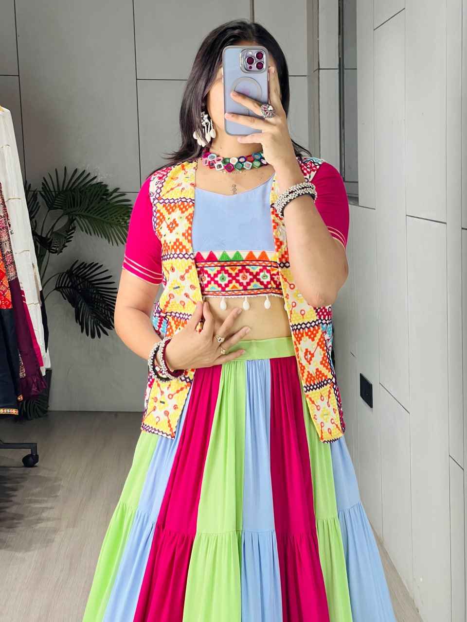 Multi Pure Reyon Cotton Multi Color Kali Frilled Navratri Lehenga Choli