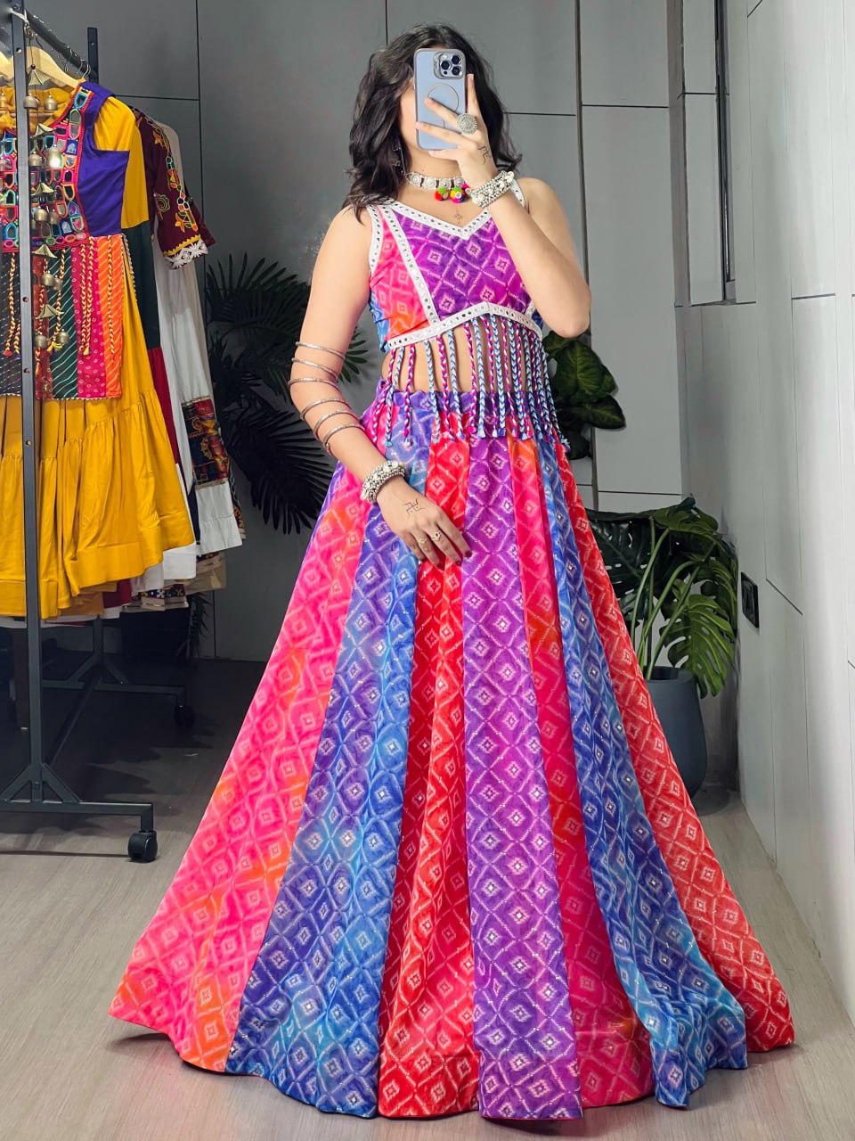 Multi Pure Reyon Cotton Multi Color Kali Frilled Navratri Lehenga Choli