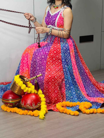 Multi Pure Reyon Cotton Multi Color Kali Frilled Navratri Lehenga Choli