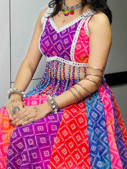 Multi Pure Reyon Cotton Multi Color Kali Frilled Navratri Lehenga Choli