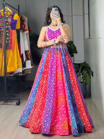 Multi Pure Reyon Cotton Multi Color Kali Frilled Navratri Lehenga Choli