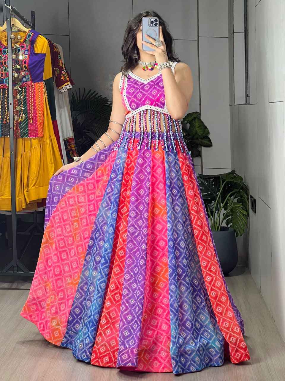 Multi Pure Reyon Cotton Multi Color Kali Frilled Navratri Lehenga Choli