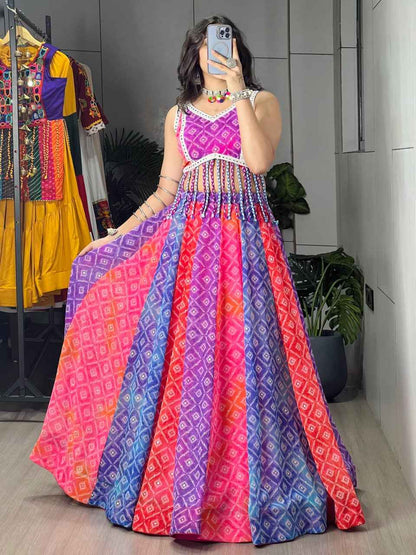 Multi Pure Reyon Cotton Multi Color Kali Frilled Navratri Lehenga Choli