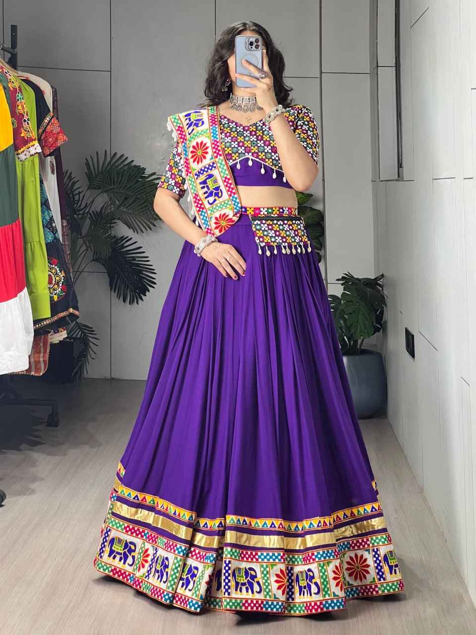 Purple Pure Reyon Cotton Gamthi &amp; Mirror Work Navratri Lehenga Choli