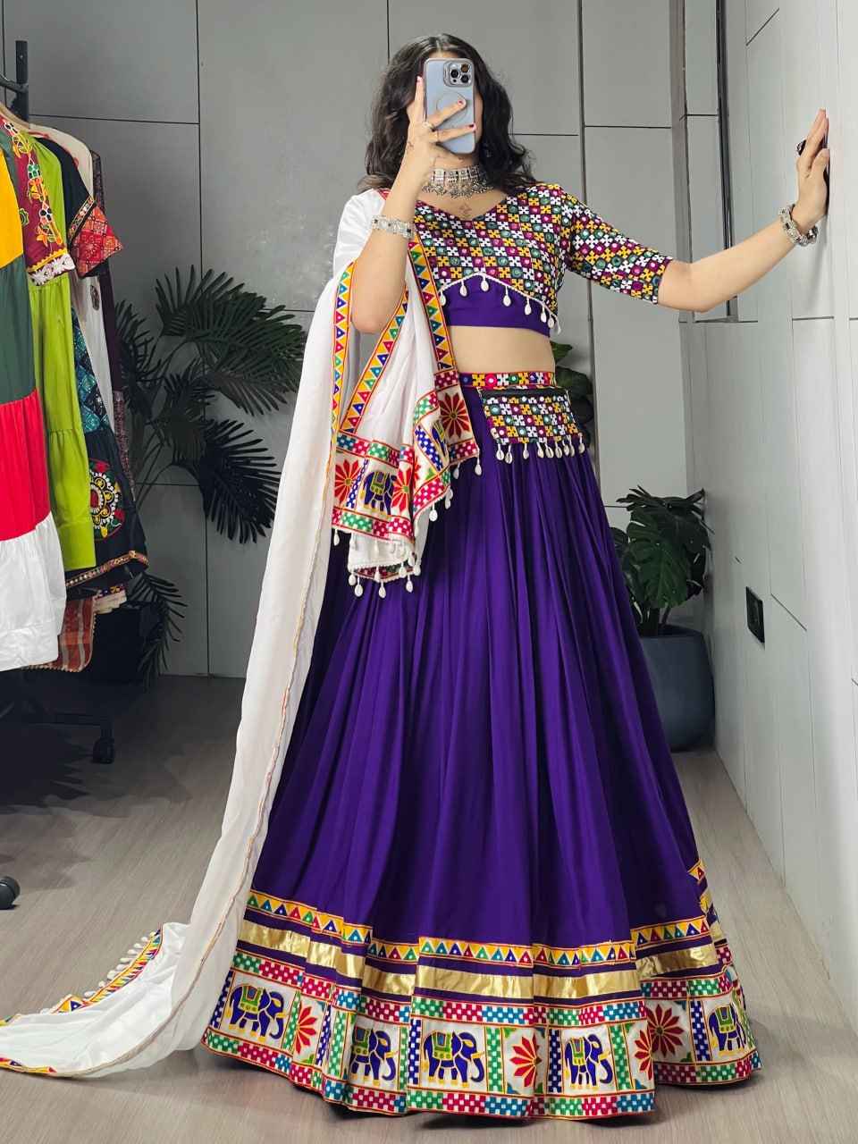 Purple Pure Reyon Cotton Gamthi &amp; Mirror Work Navratri Lehenga Choli