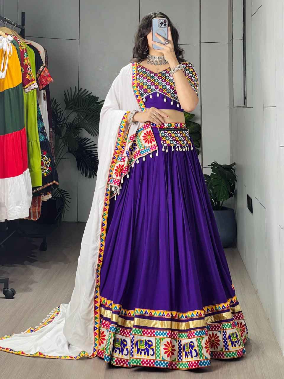 Purple Pure Reyon Cotton Gamthi &amp; Mirror Work Navratri Lehenga Choli