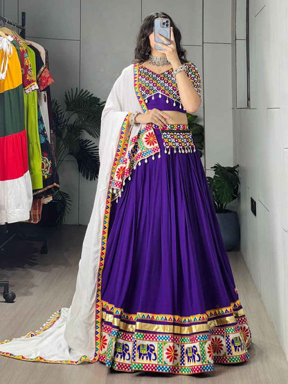 Purple Pure Reyon Cotton Gamthi &amp; Mirror Work Navratri Lehenga Choli
