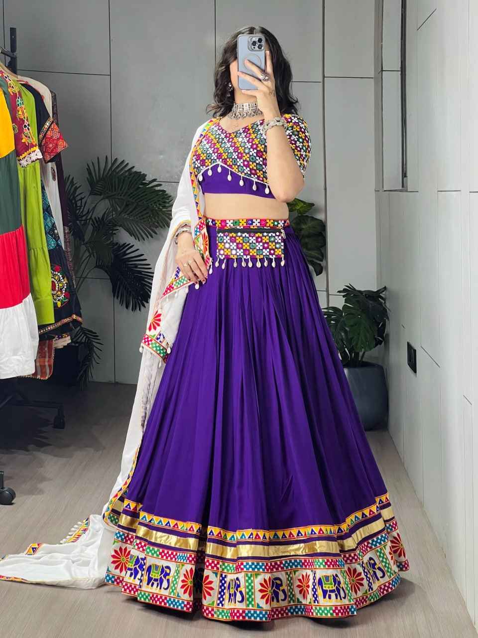 Purple Pure Reyon Cotton Gamthi &amp; Mirror Work Navratri Lehenga Choli