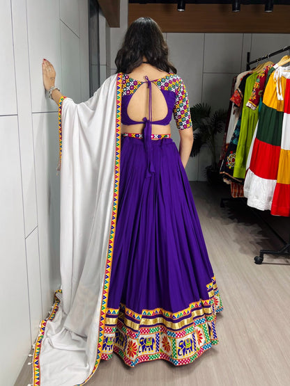 Purple Pure Reyon Cotton Gamthi &amp; Mirror Work Navratri Lehenga Choli