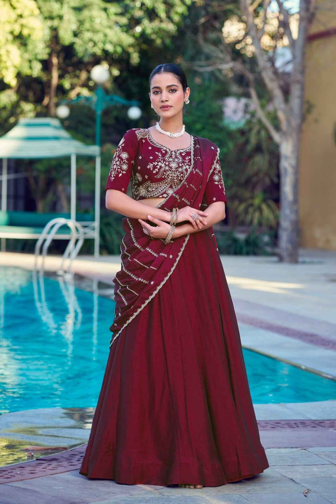 Maroon Pure Soft Jacquard Silk Zari Woven Zari Lehenga Choli