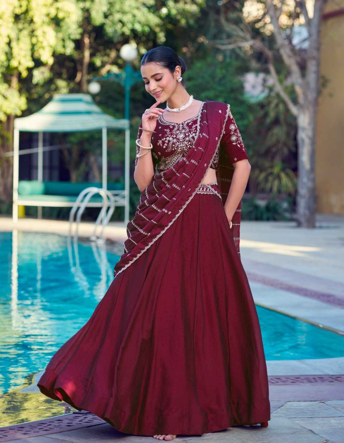 Maroon Pure Soft Jacquard Silk Zari Woven Zari Lehenga Choli