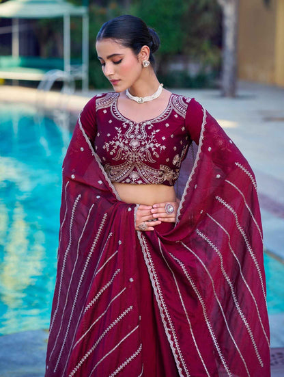 Maroon Pure Soft Jacquard Silk Zari Woven Zari Lehenga Choli