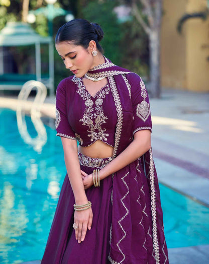 Purple Pure Soft Jacquard Silk Zari Woven Zari Lehenga Choli