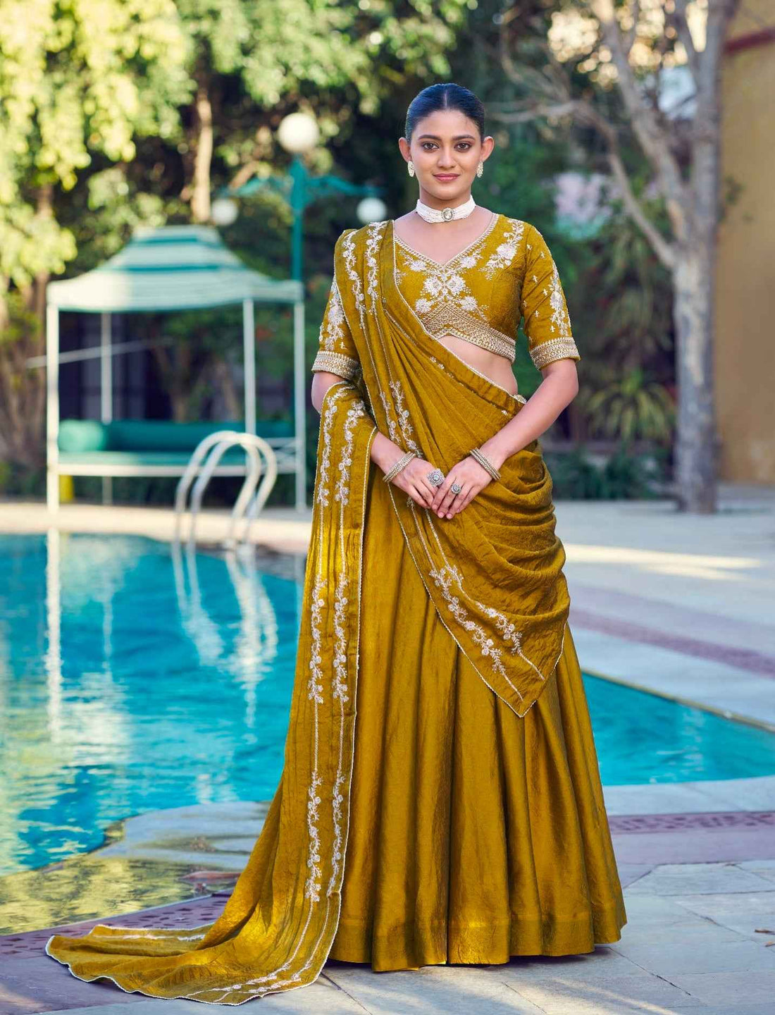 Mustard Pure Soft Jacquard Silk Zari Woven Zari Lehenga Choli