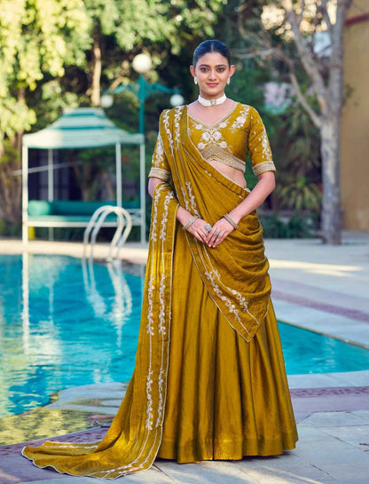 Mustard Pure Soft Jacquard Silk Zari Woven Zari Lehenga Choli