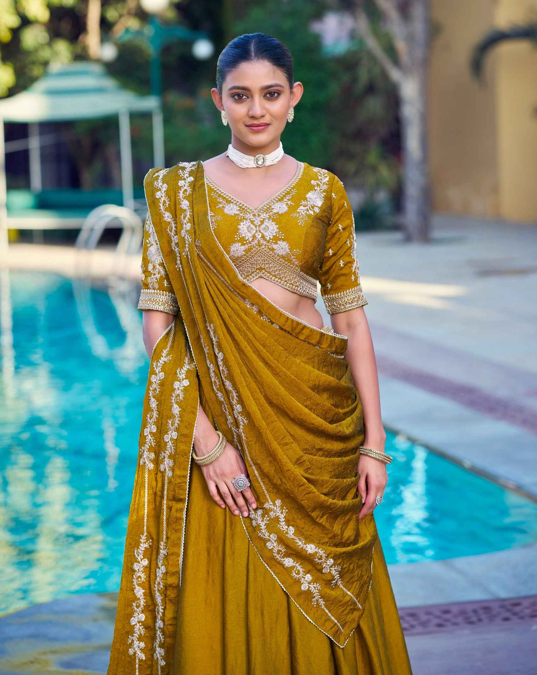 Mustard Pure Soft Jacquard Silk Zari Woven Zari Lehenga Choli