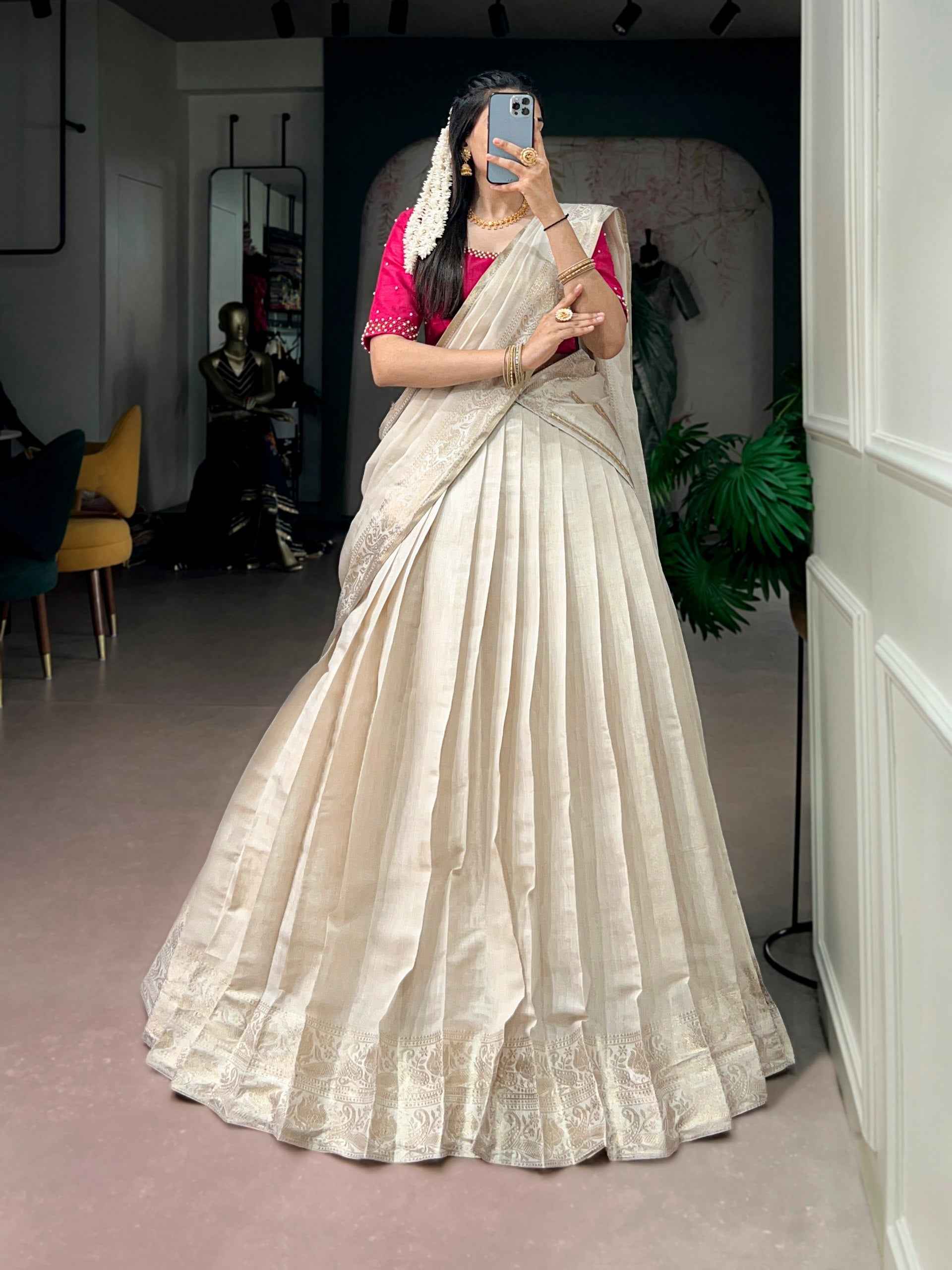 White Pure Kanchipuram Silk With Zari Weaving Work Paithani Lehenga Choli