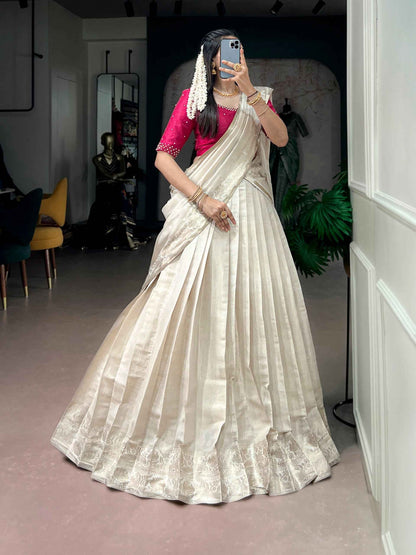 White Pure Kanchipuram Silk With Zari Weaving Work Paithani Lehenga Choli