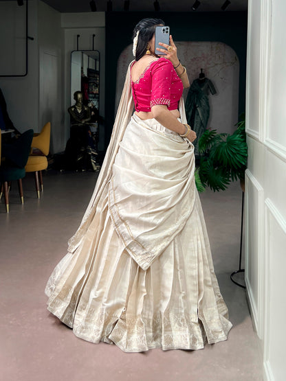 White Pure Kanchipuram Silk With Zari Weaving Work Paithani Lehenga Choli