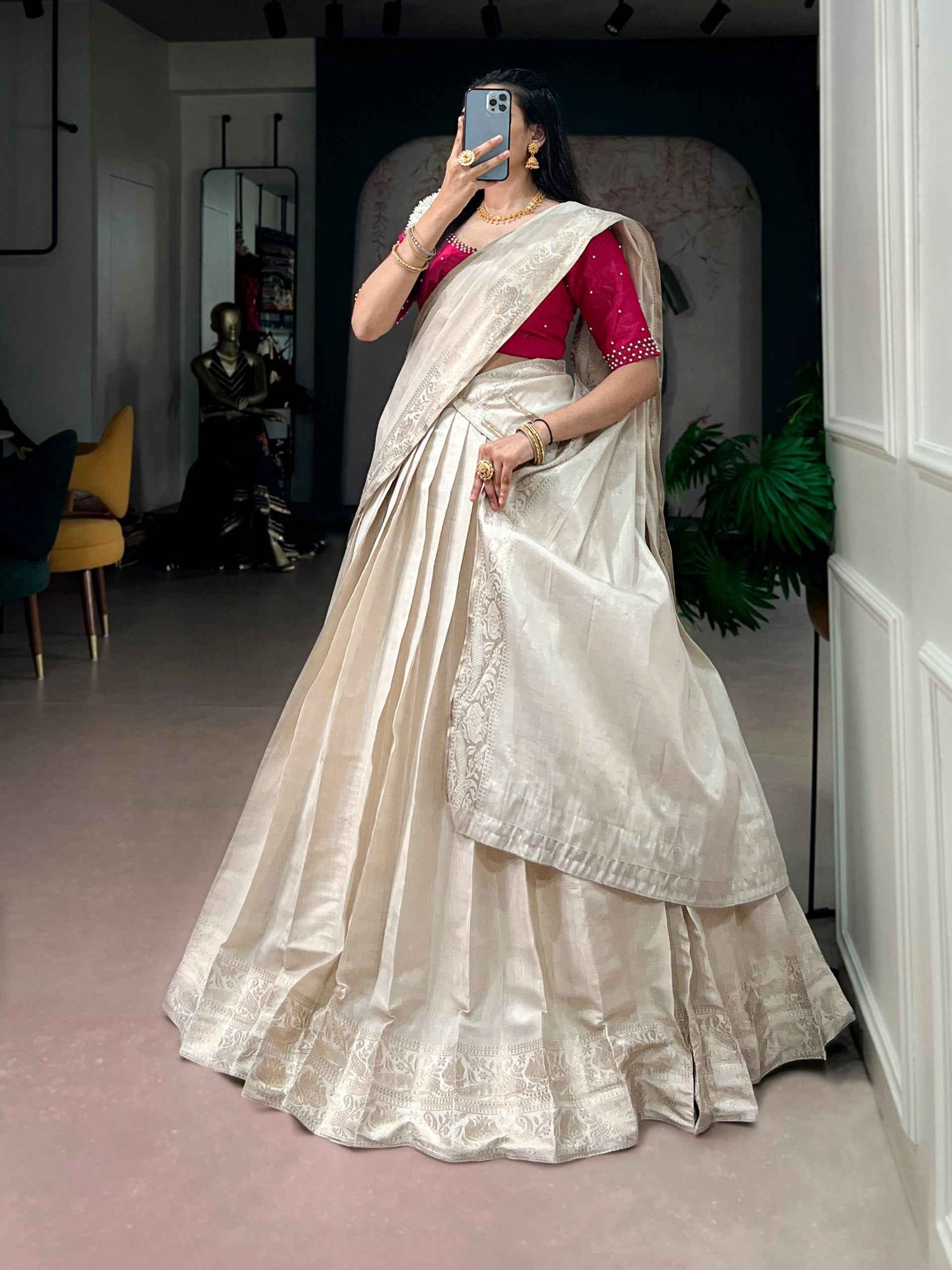 White Pure Kanchipuram Silk With Zari Weaving Work Paithani Lehenga Choli
