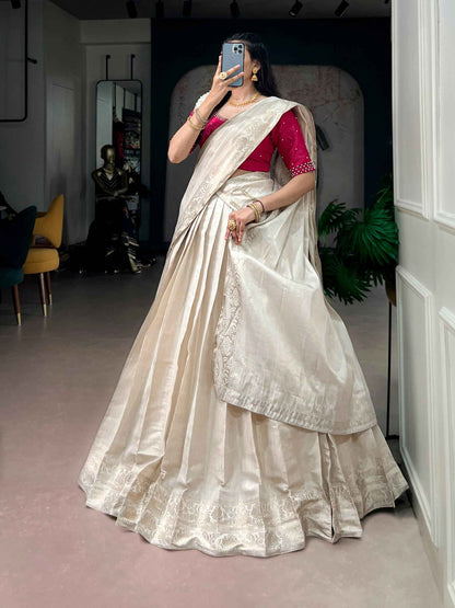 White Pure Kanchipuram Silk With Zari Weaving Work Paithani Lehenga Choli